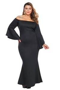 Black Plus Size Off Shoulder Flare Sleeve Maxi Dress - Aoka Styles Australia