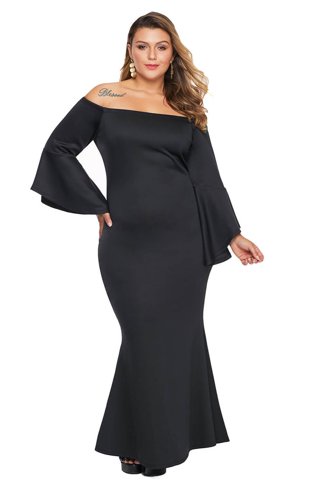 Black Plus Size Off Shoulder Flare Sleeve Maxi Dress - Aoka Styles Australia