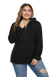 Black Zip Neck Drawstring Plus Size Hoodie - Aoka Styles Australia