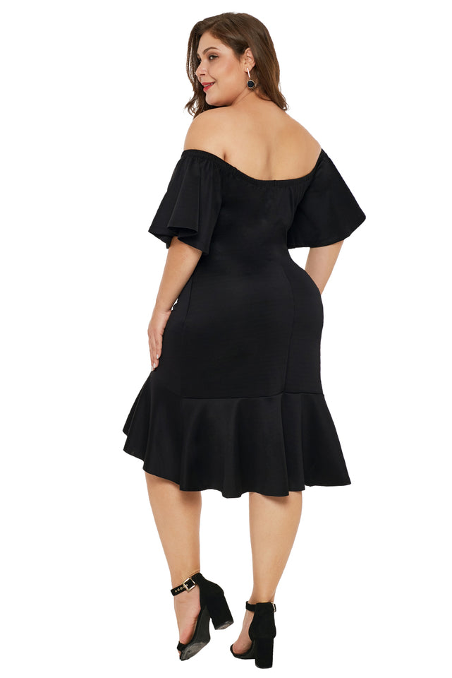 Black Off Shoulder Plus Size Dress with Ruffles - Aoka Styles Australia