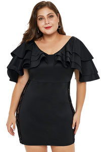 Black Cascading Shoulder Lace Insert Plus Size Dress - Aoka Styles Australia