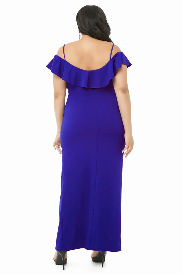 Blue Plus Size Open Shoulder Ruffle Dress - Aoka Styles Australia