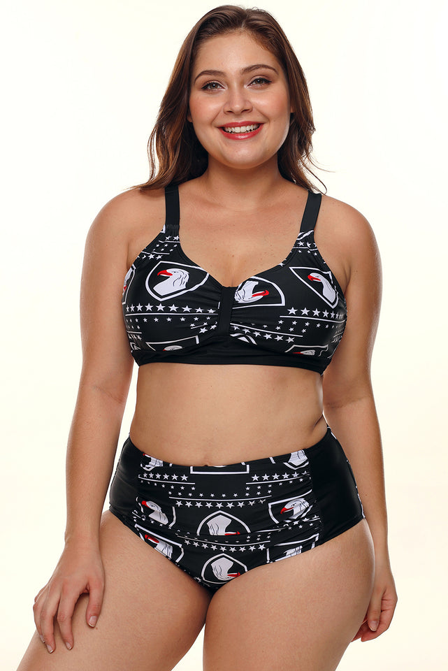 Eagles and Stars Black 2pcs Plus Size High Waist Swimsuit - Aoka Styles Australia