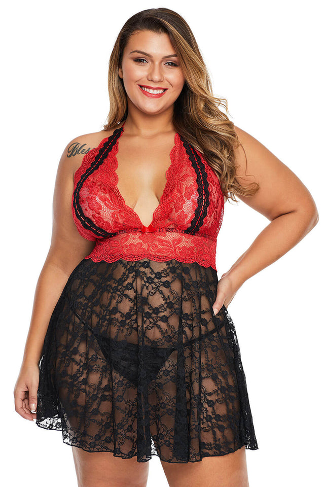 Red Sexy Lace Backless Halter Plus Size Babydoll - Aoka Styles Australia