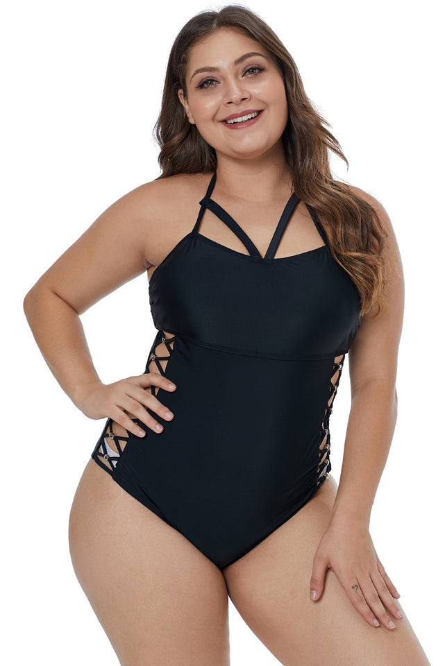 Black Crisscross Hollow-out Side Plus Size Maillot - Aoka Styles Australia