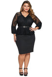 Black Plus Size Lace Bodice Peplum Dress with Belt - Aoka Styles Australia