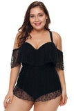 Black Plus Size Off Shoulder Mesh Sheer One Piece Swimsuit - Aoka Styles Australia