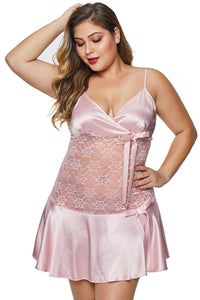 Pink Wrapped V Neck Floral Lace Abdomen Plus Size Babydoll - Aoka Styles Australia