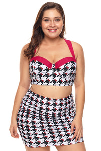 Black White Kitty Print Plus Size Bikini Top with Skirt Swimwear - Aoka Styles Australia