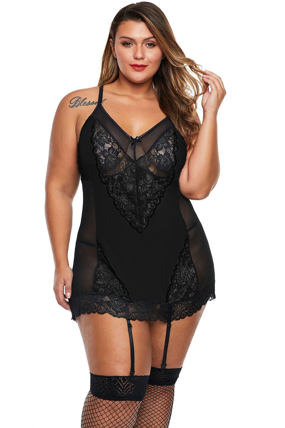 Black Garter Attached Lace Hybrid Mesh Plus Size Chemise - Aoka Styles Australia