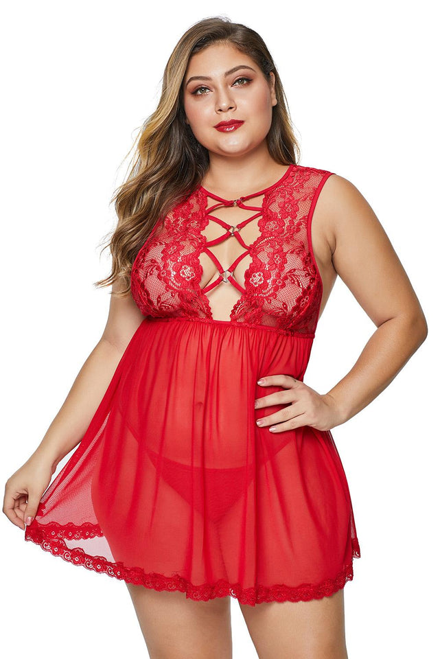 Red Hollow-out Bust Lace Upper Open Back Plus Size Babydoll - Aoka Styles Australia