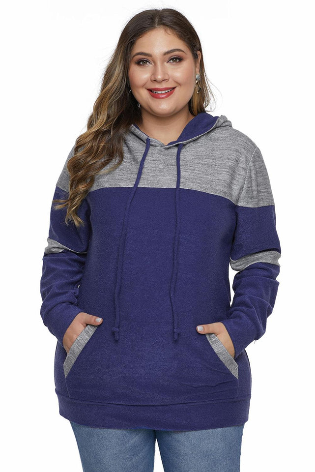 Blue Color Block Pullover Plus Size Hoodie with Pocket - Aoka Styles Australia