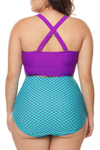 Plus Size Purple & Blue Scalloped Detail High Waist Swimsuit - Aoka Styles Australia