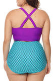 Plus Size Purple & Blue Scalloped Detail High Waist Swimsuit - Aoka Styles Australia