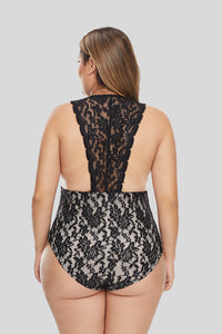 Black Plus Size Deep V Neck Floral Lace Lined Bodysuit - Aoka Styles Australia