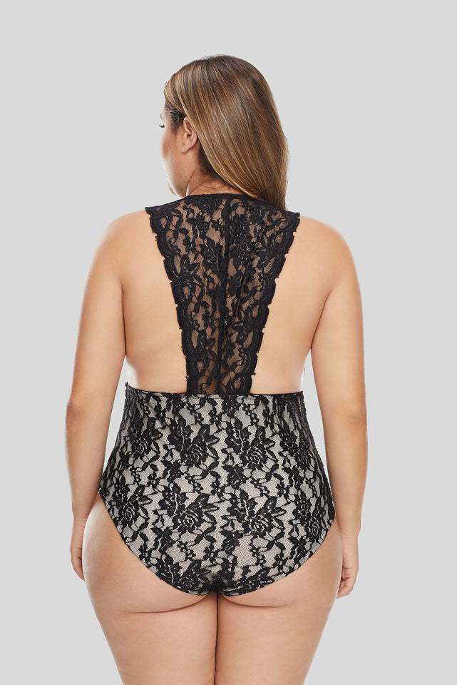 Black Plus Size Deep V Neck Floral Lace Lined Bodysuit - Aoka Styles Australia