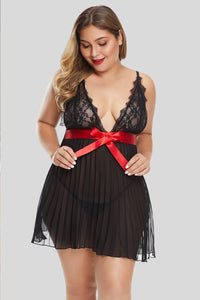 Black Plunge V Neck Lace Bust Pleated Plus Size Babydoll - Aoka Styles Australia