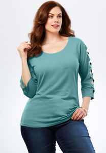 Light Blue Lattice Quarter Sleeved Plus Size Top - Aoka Styles Australia