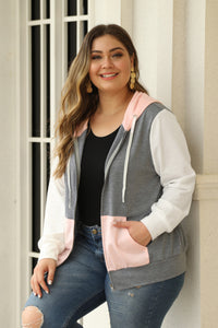 Pink Colorblock Hooded Zip Plus Size Jacket - Aoka Styles Australia