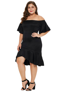 Black Off Shoulder Plus Size Dress with Ruffles - Aoka Styles Australia