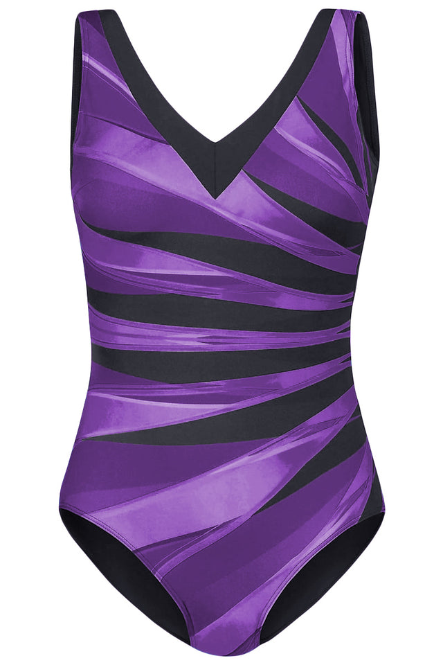 Purple Plus Size Striped Print V Neck Maillot Swimsuit - Aoka Styles Australia