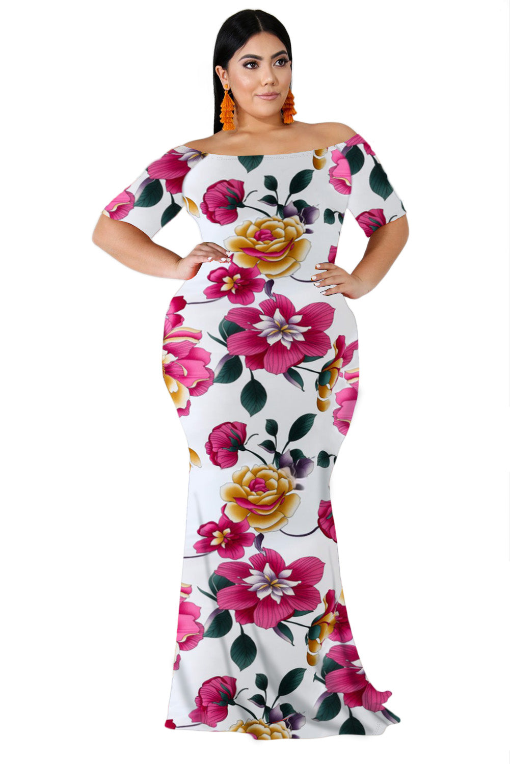 White California Poppy Mermaid Plus Size Dress - Aoka Styles Australia