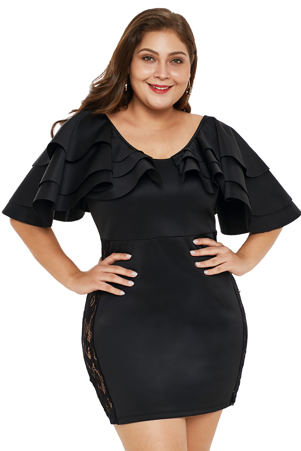 Black Cascading Shoulder Lace Insert Plus Size Dress - Aoka Styles Australia