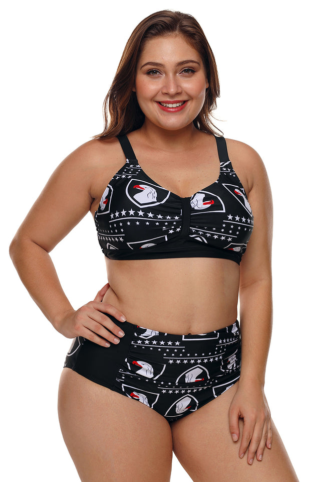 Eagles and Stars Black 2pcs Plus Size High Waist Swimsuit - Aoka Styles Australia