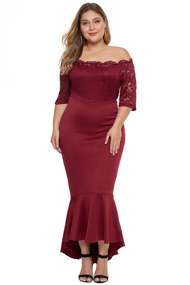 Off Shoulder Scalloped Neckline Lace Bodice Plus Size Dress - Aoka Styles Australia