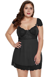 Black Plus Size Mesh and Lace Babydoll Set - Aoka Styles Australia