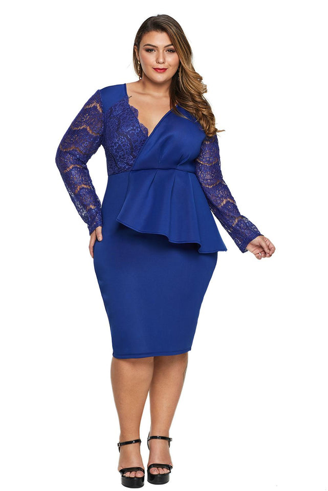 Blue Lace Stitching Surpliced V Neck Plus Size Dress - Aoka Styles Australia