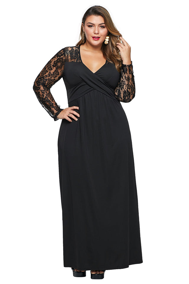 Black Lace Sleeve Cross Wrap Bust Ruched Back Plus Size Dress - Aoka Styles Australia