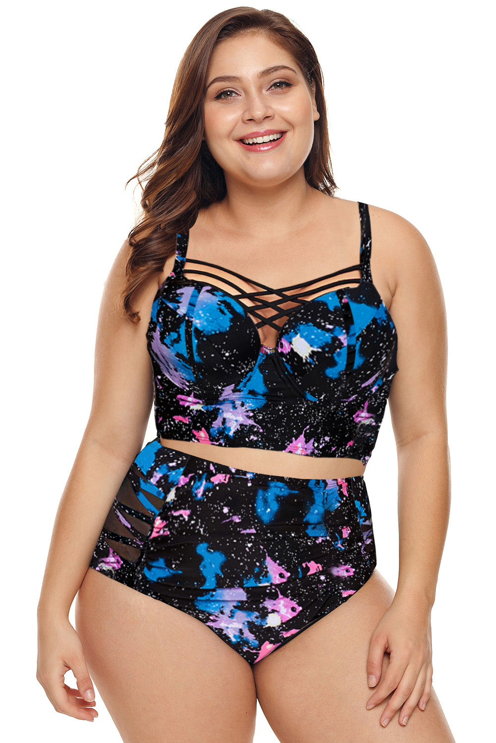 Blue Stylish Print Strappy Push Up Balconette Plus Size Bikini - Aoka Styles Australia