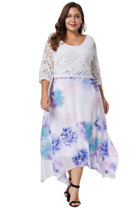 White Plus Size Floral Dress With Lace Overlay - Aoka Styles Australia