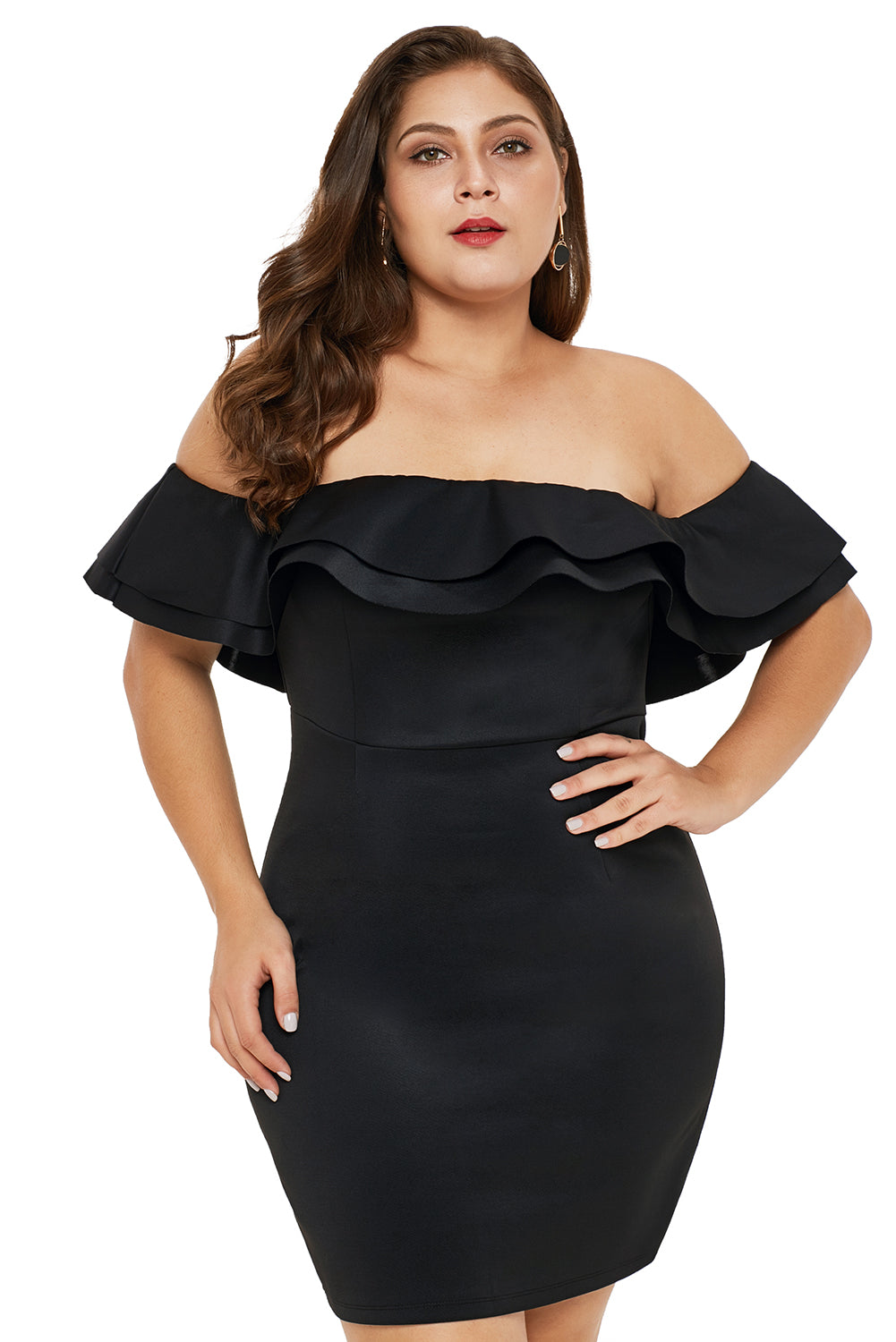 Black Layered Ruffle Off Shoulder Plus Size Dress - Aoka Styles Australia