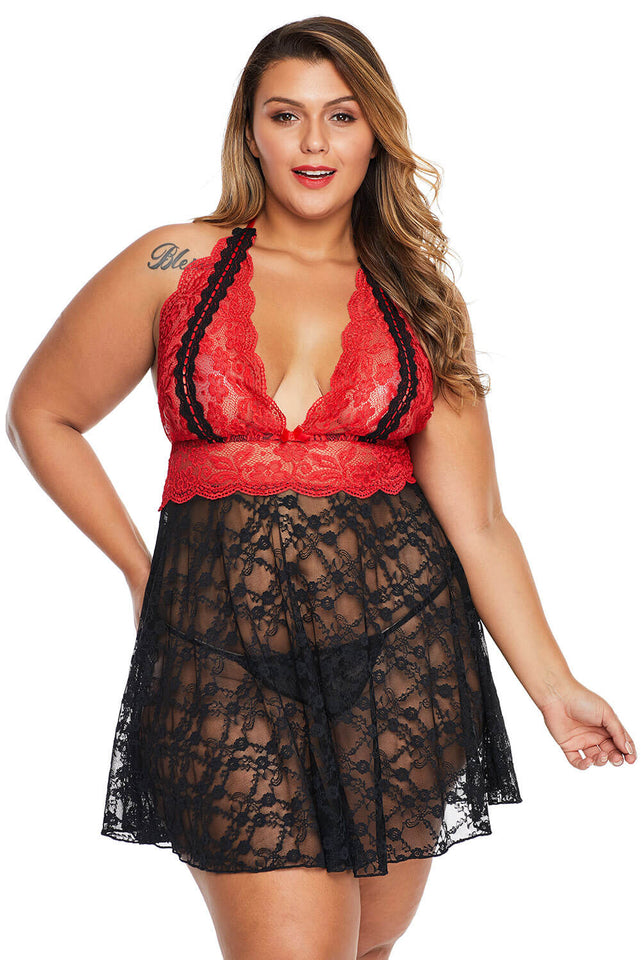 Red Sexy Lace Backless Halter Plus Size Babydoll - Aoka Styles Australia