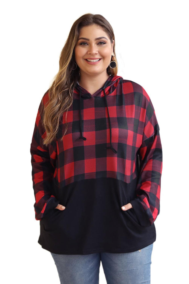 Red Plaid Patchwork Plus Size Hoodie - Aoka Styles Australia