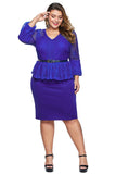 Blue Plus Size Lace Bodice Peplum Dress with Belt - Aoka Styles Australia