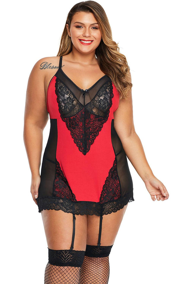 Red Garter Attached Lace Hybrid Mesh Plus Size Chemise - Aoka Styles Australia