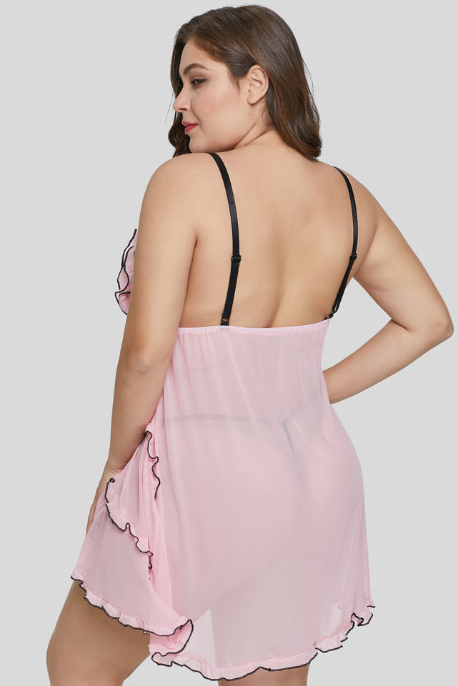 Plus Size Pink Ruffled Mesh Babydoll - Aoka Styles Australia