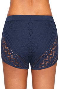 Blue Drawstring Waist Lace Panel Plus Size Swimwear Shorts - Aoka Styles Australia