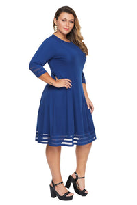 Blue 3/4 Length Sleeve Gauze Patchwork Flare Plus Size Dress - Aoka Styles Australia