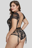 Black Plus Size Short Sleeve Floral Lace Teddy with Garter - Aoka Styles Australia