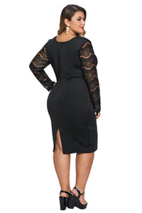 Black Lace Stitching Surpliced V Neck Plus Size Dress - Aoka Styles Australia