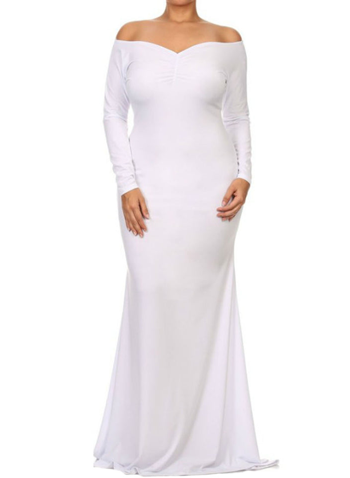 White Off-shoulder V Neck Long Sleeve Plus Long Dress - Aoka Styles Australia