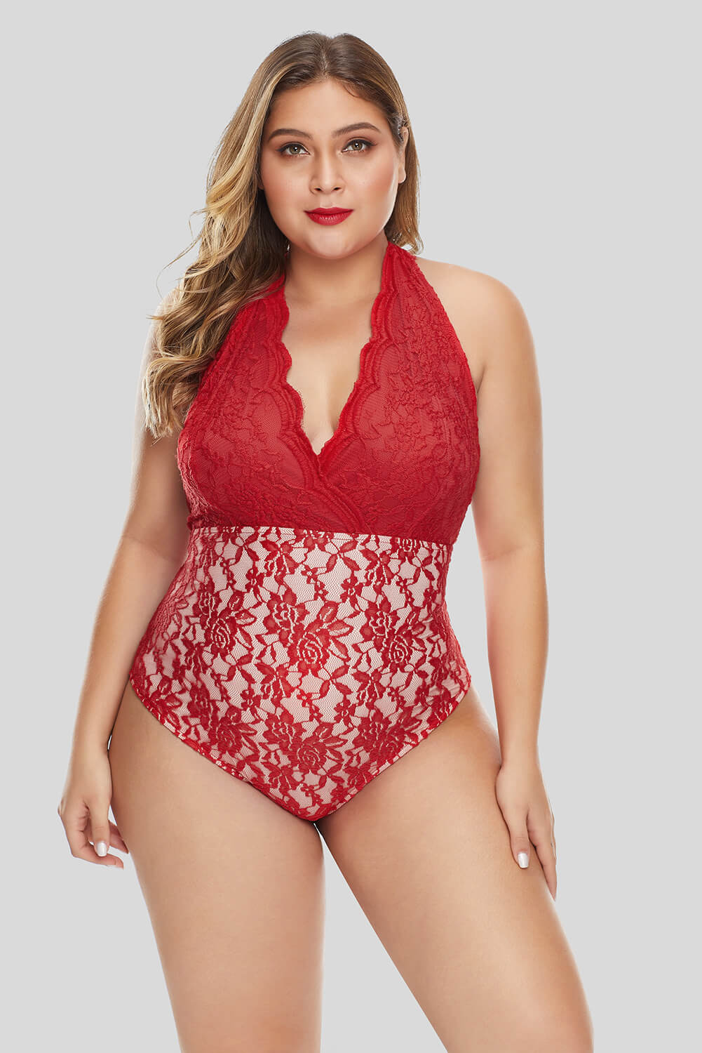 Red Plus Size Deep V Neck Floral Lace Lined Bodysuit - Aoka Styles Australia