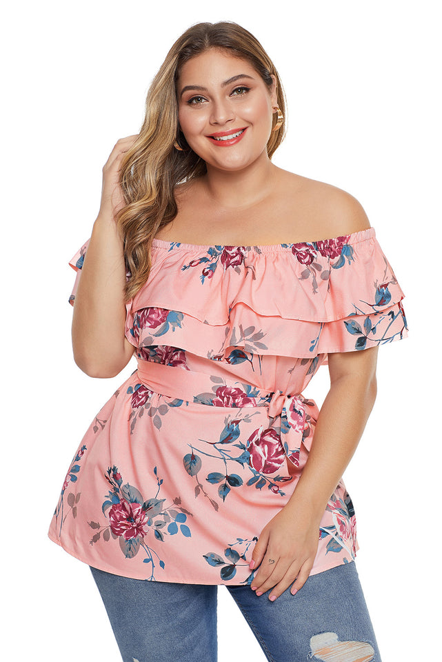 Pink Plus Size Floral Tiered Off the Shoulder Top - Aoka Styles Australia