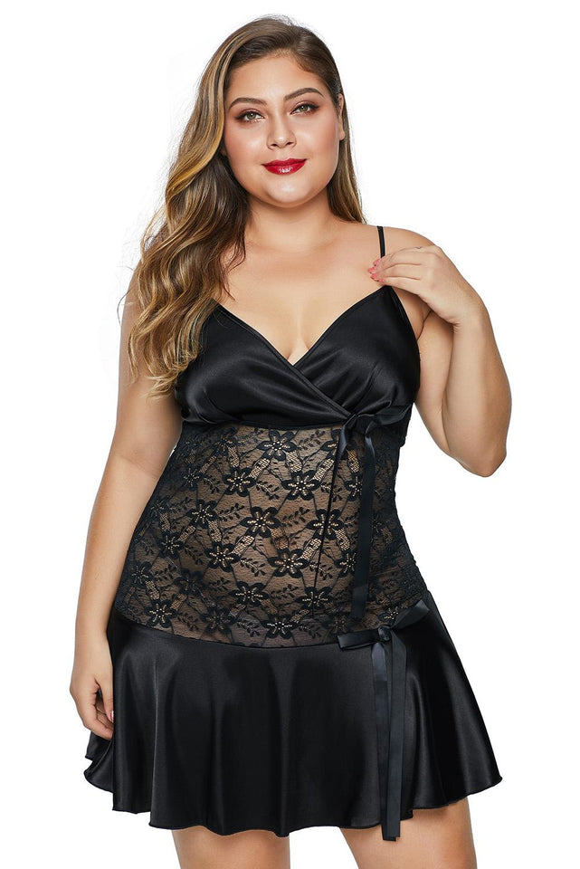 Black Wrapped V Neck Floral Lace Abdomen Plus Size Babydoll - Aoka Styles Australia