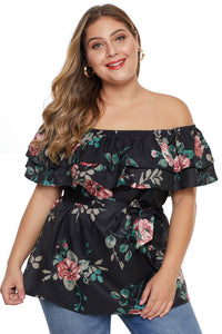 Black Plus Size Floral Tiered Off the Shoulder Top - Aoka Styles Australia