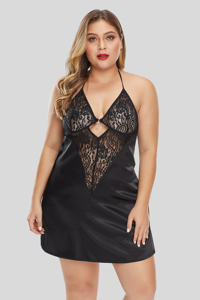 Black Lace Splicing Plus Size Babydoll - Aoka Styles Australia